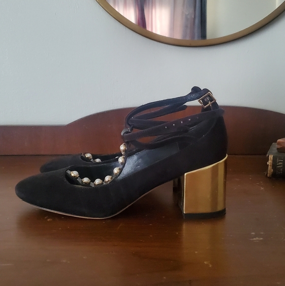 Kate Spade Black Suede T Strap Block Heels with Pearl Details - Picture 6 of 9